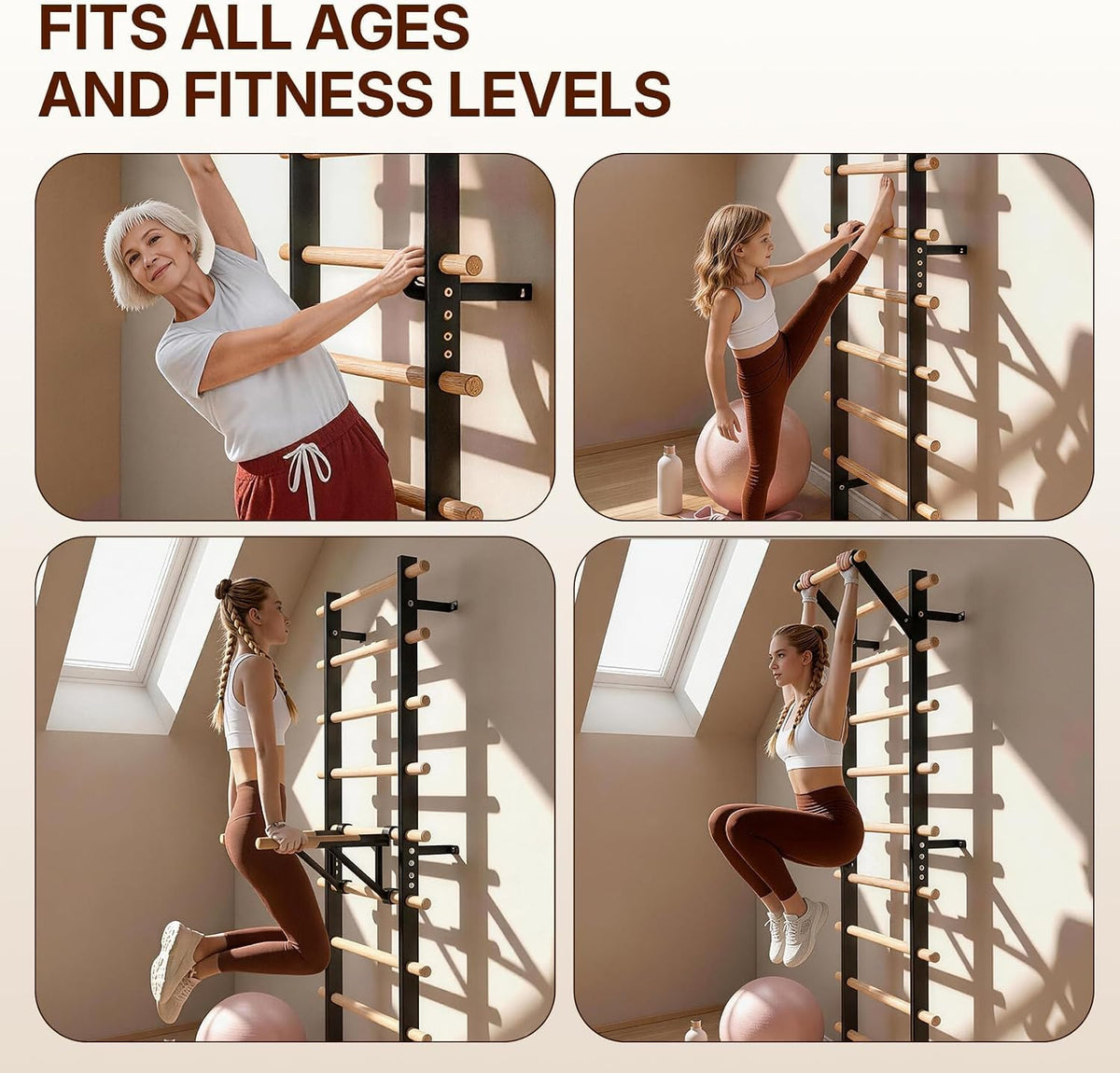 Four people of different ages using a GMWD Swedish ladder stall bar for stretching, dips, and pull-ups, showing it suits all ages and fitness levels