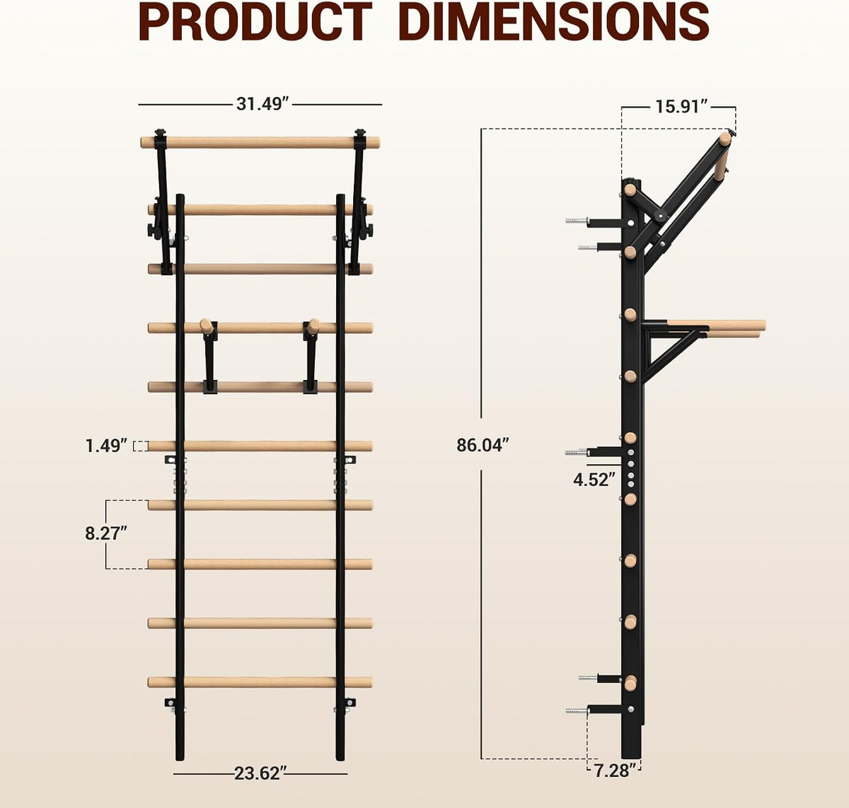 GMWD Swedish ladder stall bar product dimensions diagram: 86.04 inches tall, 31.49 inches wide, with 8.27-inch rung spacing