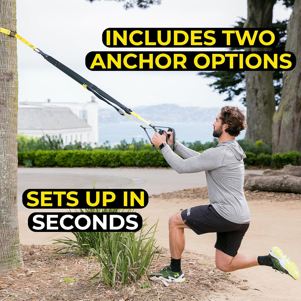 Man doing a TRX lunge anchored to a tree outdoors, text reads Includes two anchor options, sets up in seconds
