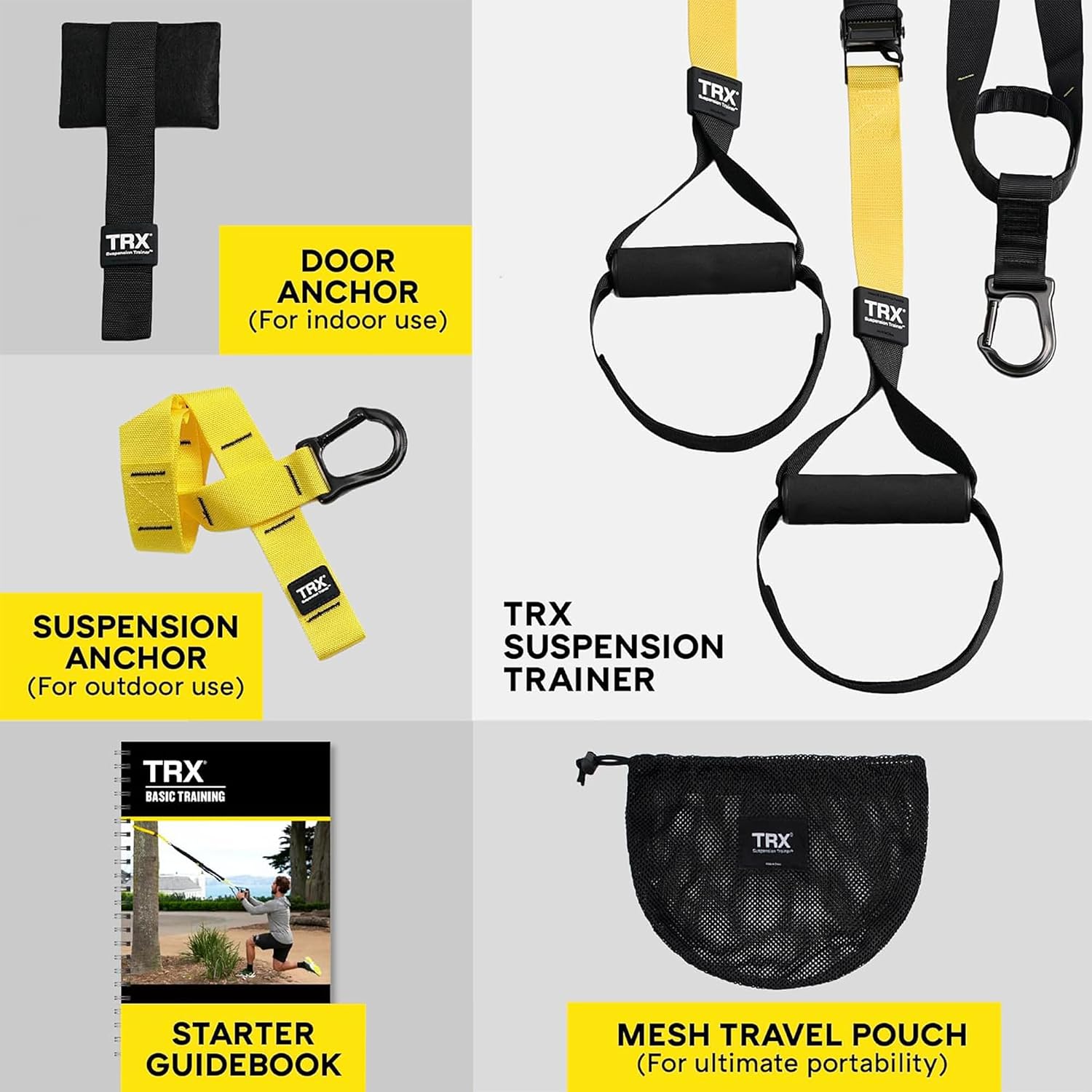 Flat lay of TRX Home Gym System components: door anchor, suspension anchor, straps and handles, starter guidebook, and mesh travel pouch