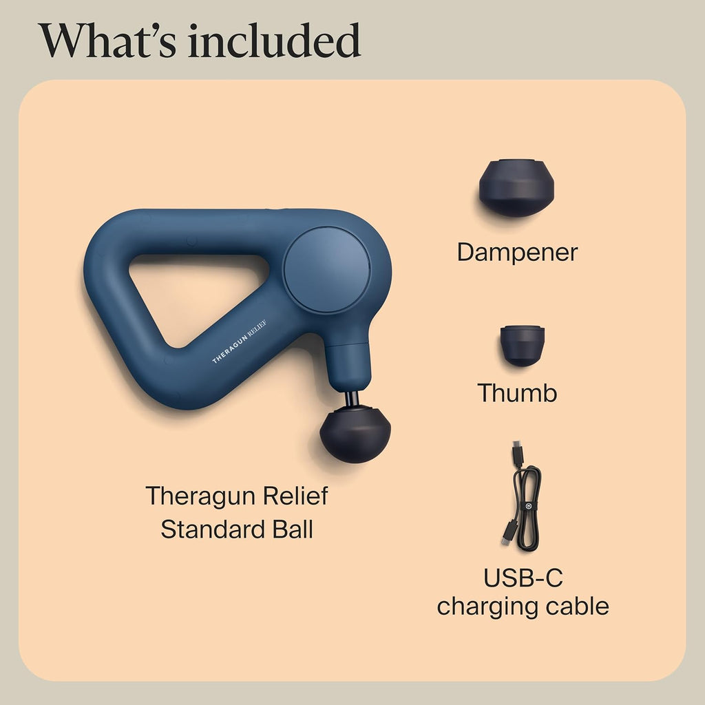 TheraGun Relief massage gun with its dampener, thumb, and standard ball attachments and USB-C charging cable