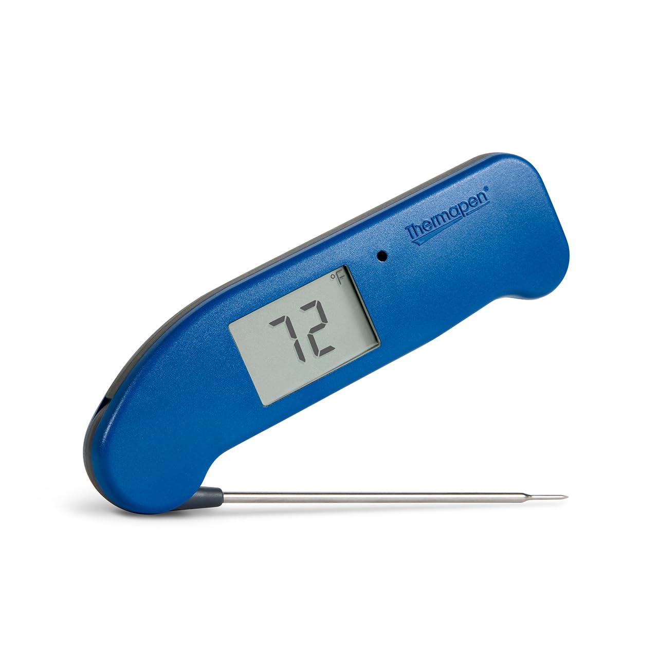 ThermoWorks Thermapen ONE in blue, folded closed with the digital display showing a temperature reading