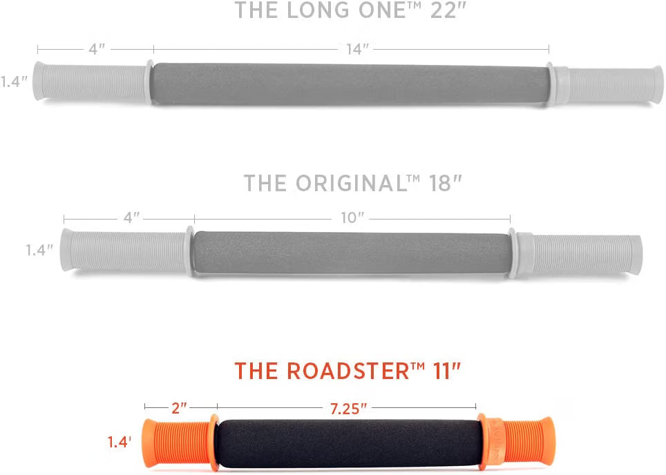 Tiger Tail massage stick roller shown in three lengths: the 11-inch Roadster, 18-inch Original, and 22-inch Long One