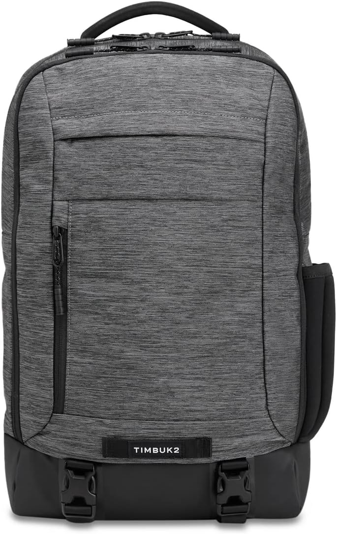 Timbuk2 Authority Laptop Backpack Deluxe in heather gray, three-quarter view showing the side water bottle pocket
