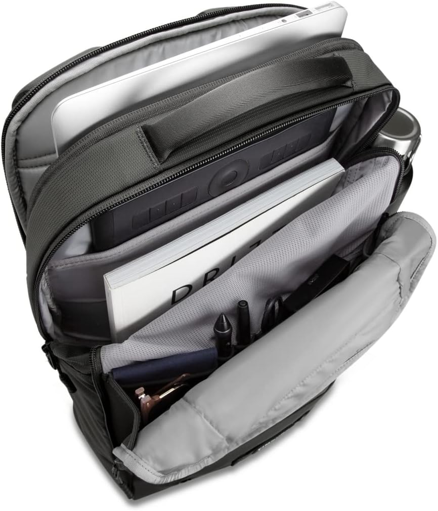 Timbuk2 Authority Laptop Backpack Deluxe open, showing the padded laptop sleeve and organized interior pockets