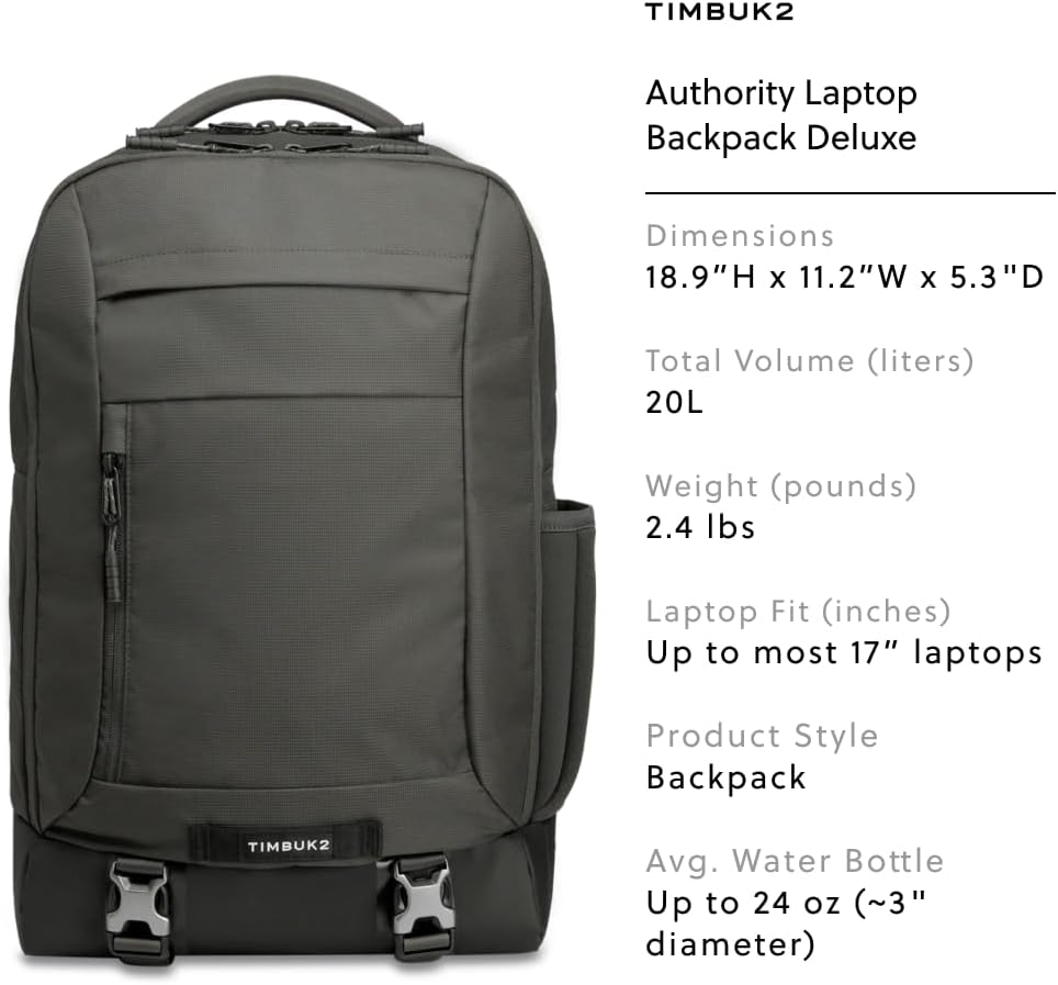 Timbuk2 Authority Laptop Backpack Deluxe spec graphic showing front and back views with size and laptop compartment details