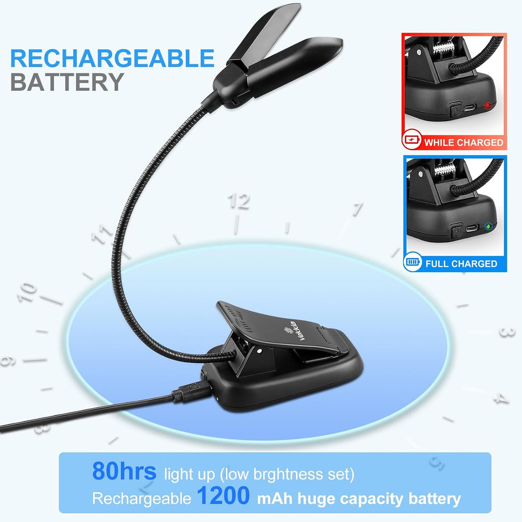 Vekkia book light packaging graphic showing its rechargeable battery and specs