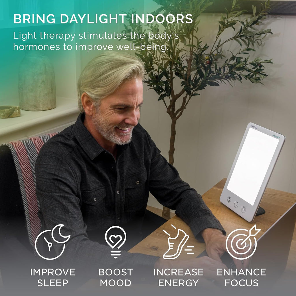 Man using the Verilux HappyLight Luxe at a desk, graphic reading Bring Daylight Indoors
