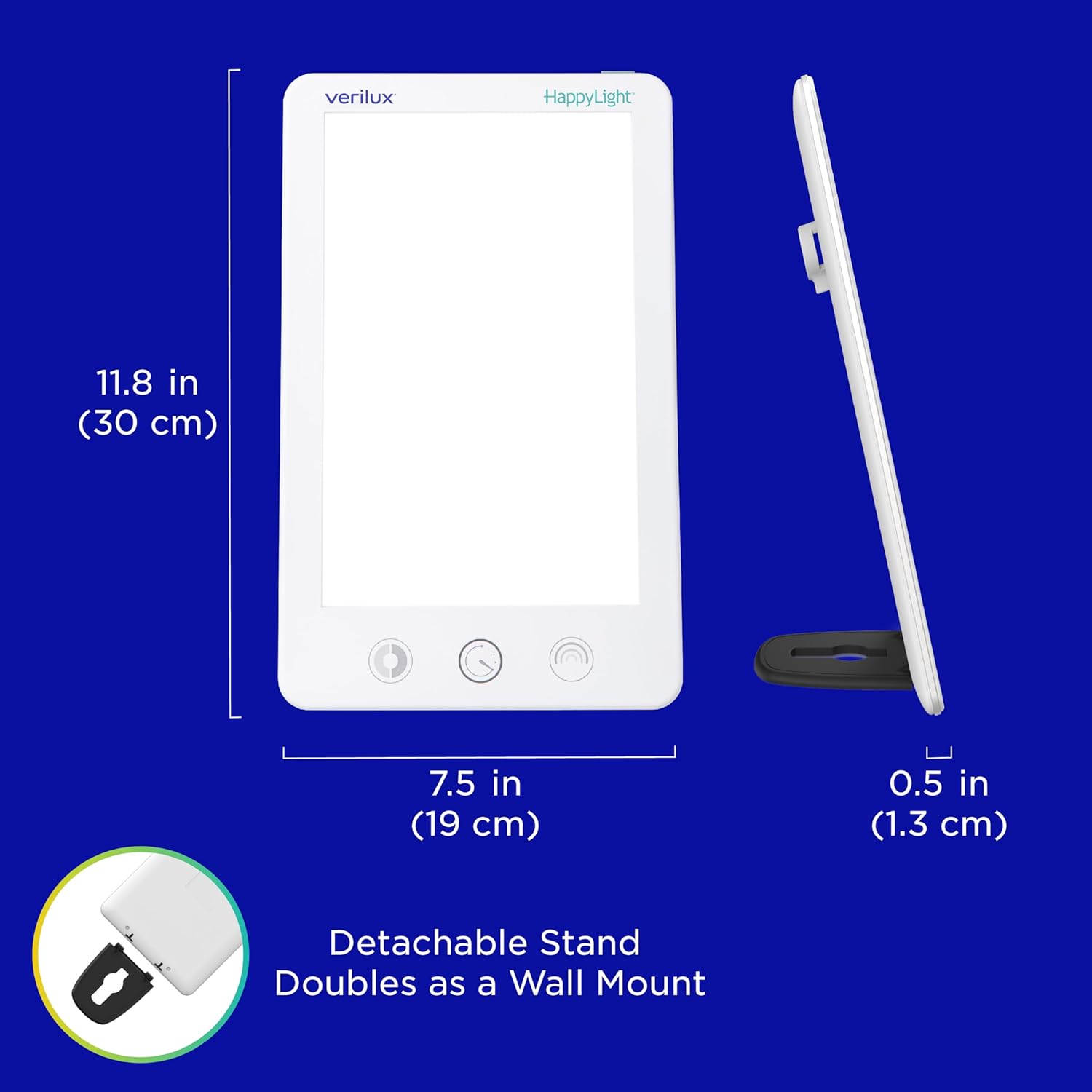 Verilux HappyLight Luxe product graphic on a blue background