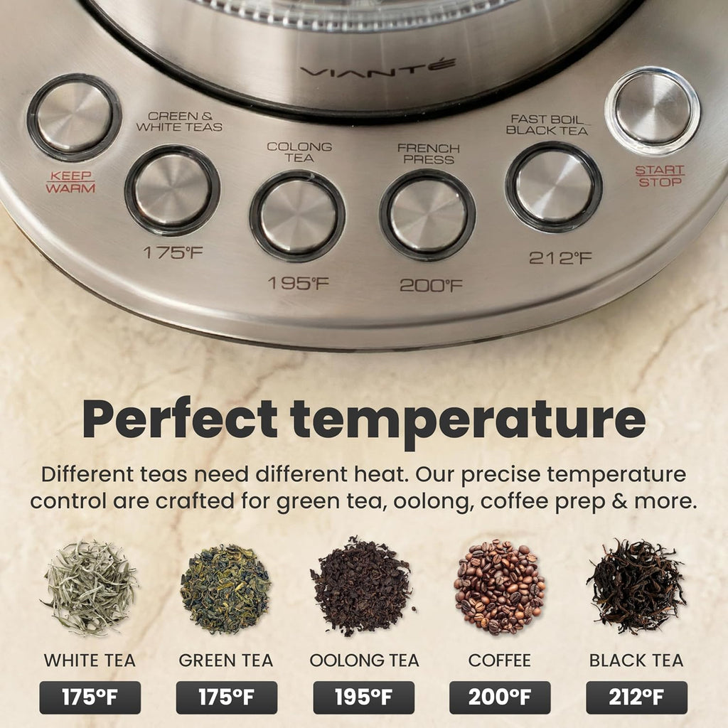 Close-up of the Viante Alba Electric Tea Kettle's temperature control buttons for white, green, oolong, and black tea, plus coffee