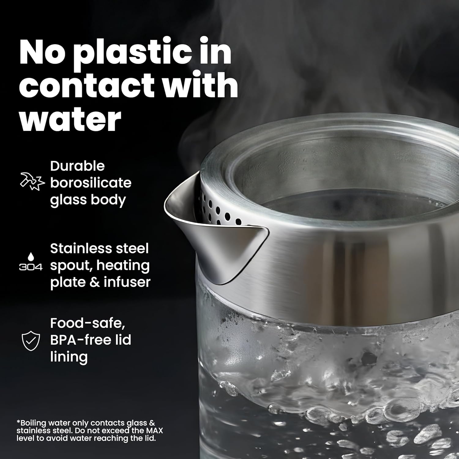 Steam rising from the Viante Alba Electric Tea Kettle's stainless steel spout and glass body