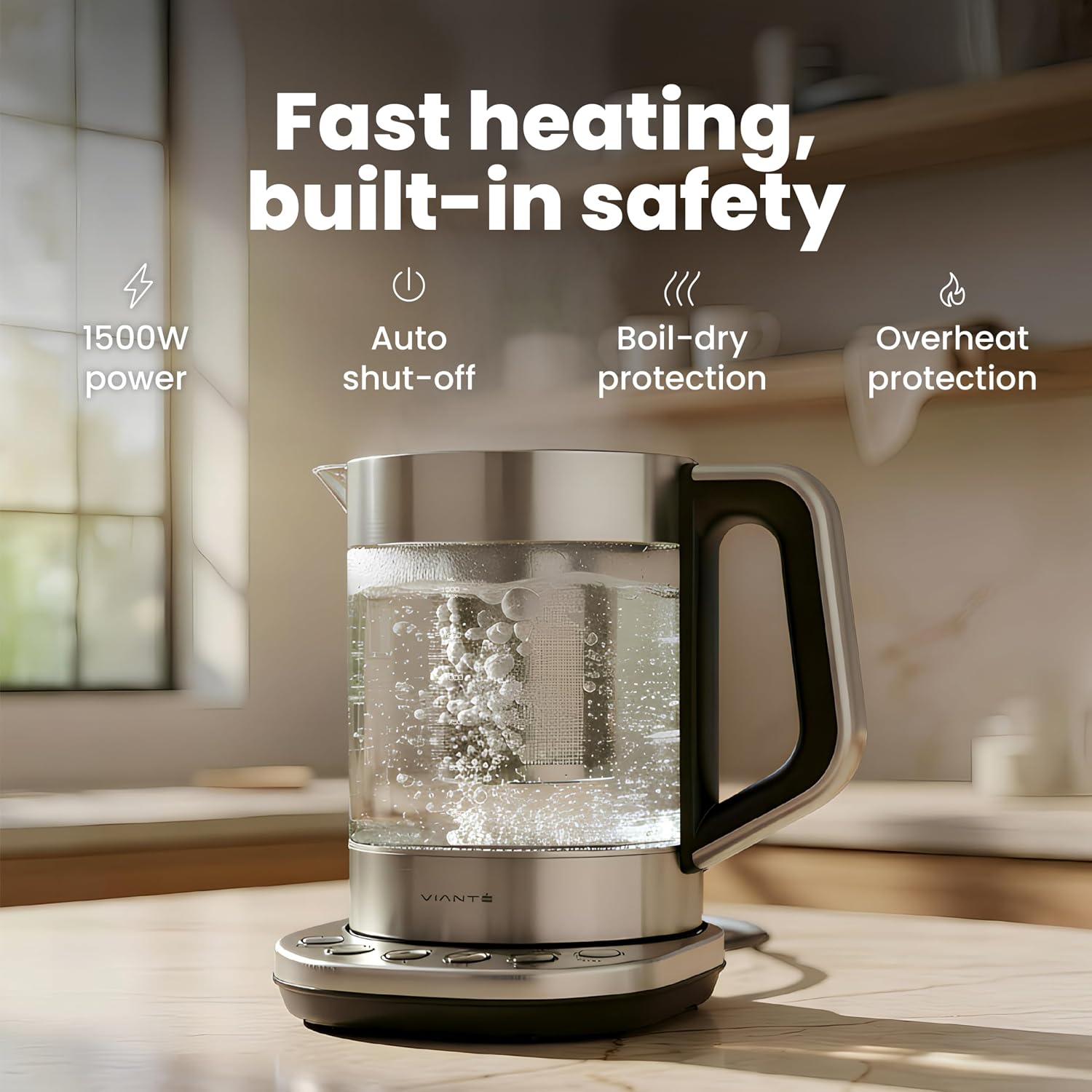 Viante Alba Electric Tea Kettle boiling water on a kitchen counter, showing auto shut-off and overheat protection