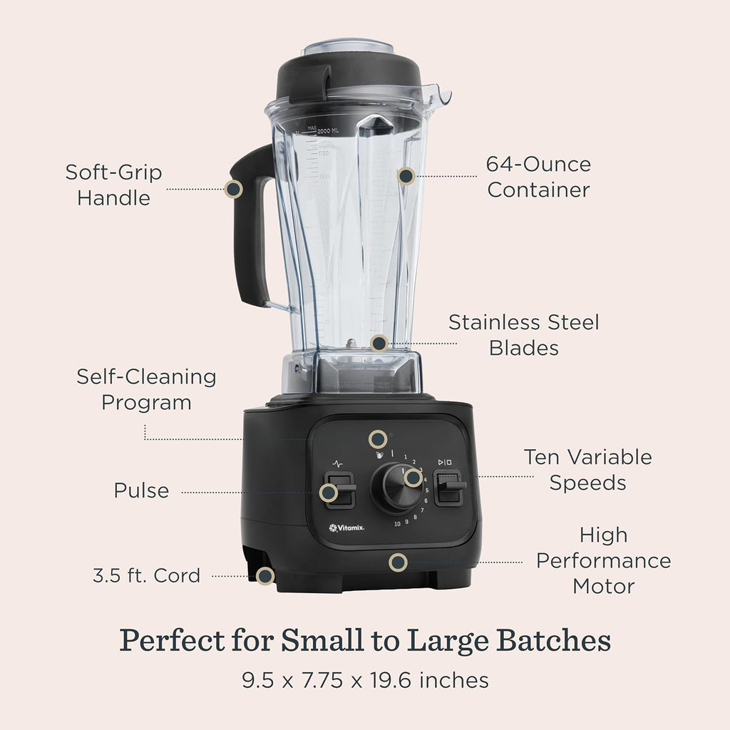 Diagram of the Vitamix VX1 blender's 64-ounce container, soft-grip handle, stainless steel blades, and ten variable speeds