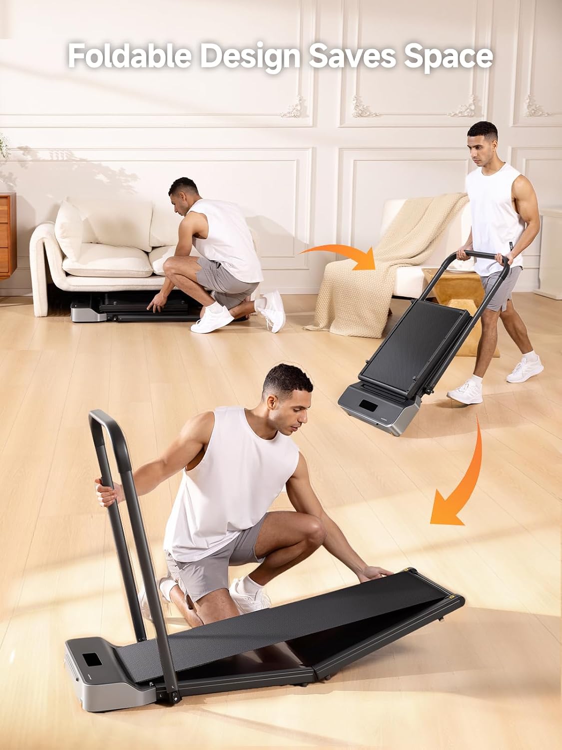 Man folding and moving the WalkingPad Z1R treadmill in a living room, text reads Foldable Design Saves Space