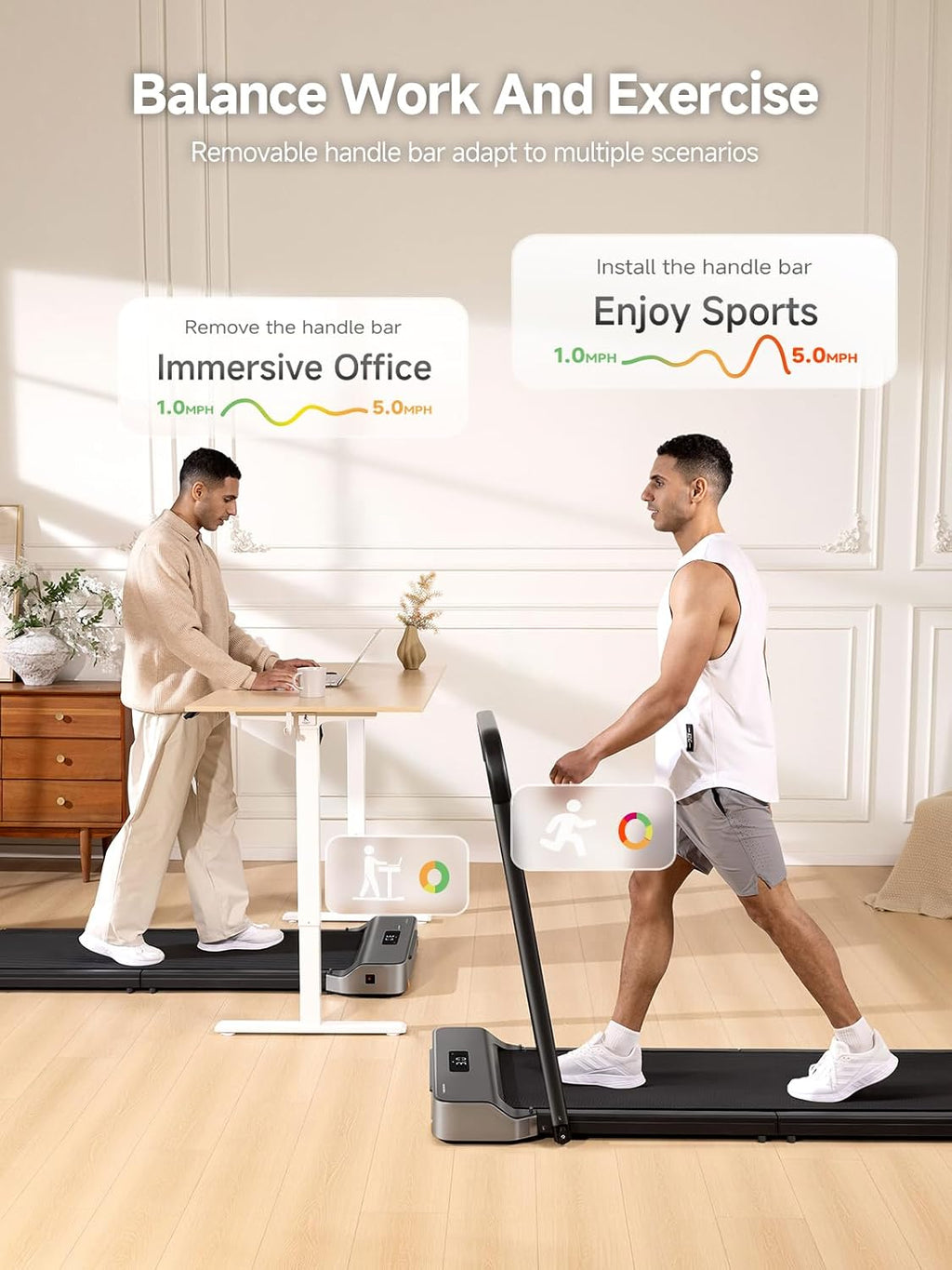 Two people using the WalkingPad Z1R, one at a standing desk and one walking with the handlebar attached, text reads Balance Work And Exercise