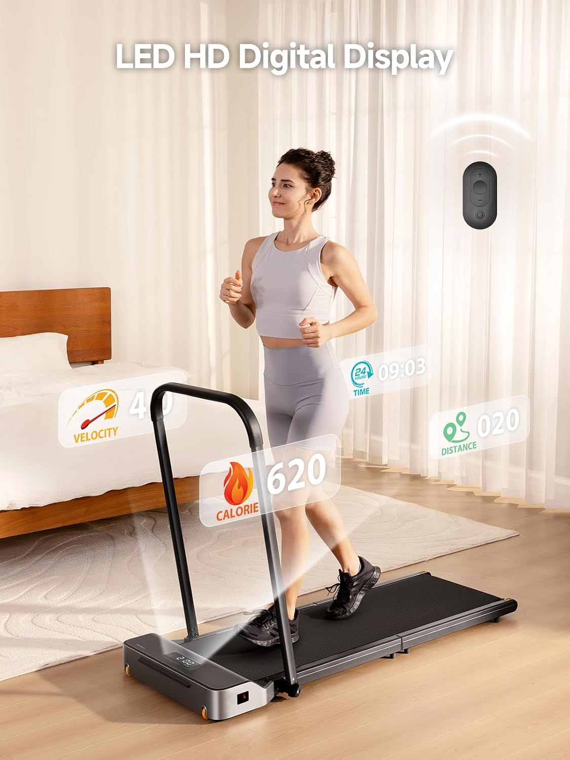 Woman jogging on the WalkingPad Z1R in a bedroom, with onscreen stats for velocity, calories, time, and distance, text reads LED HD Digital Display