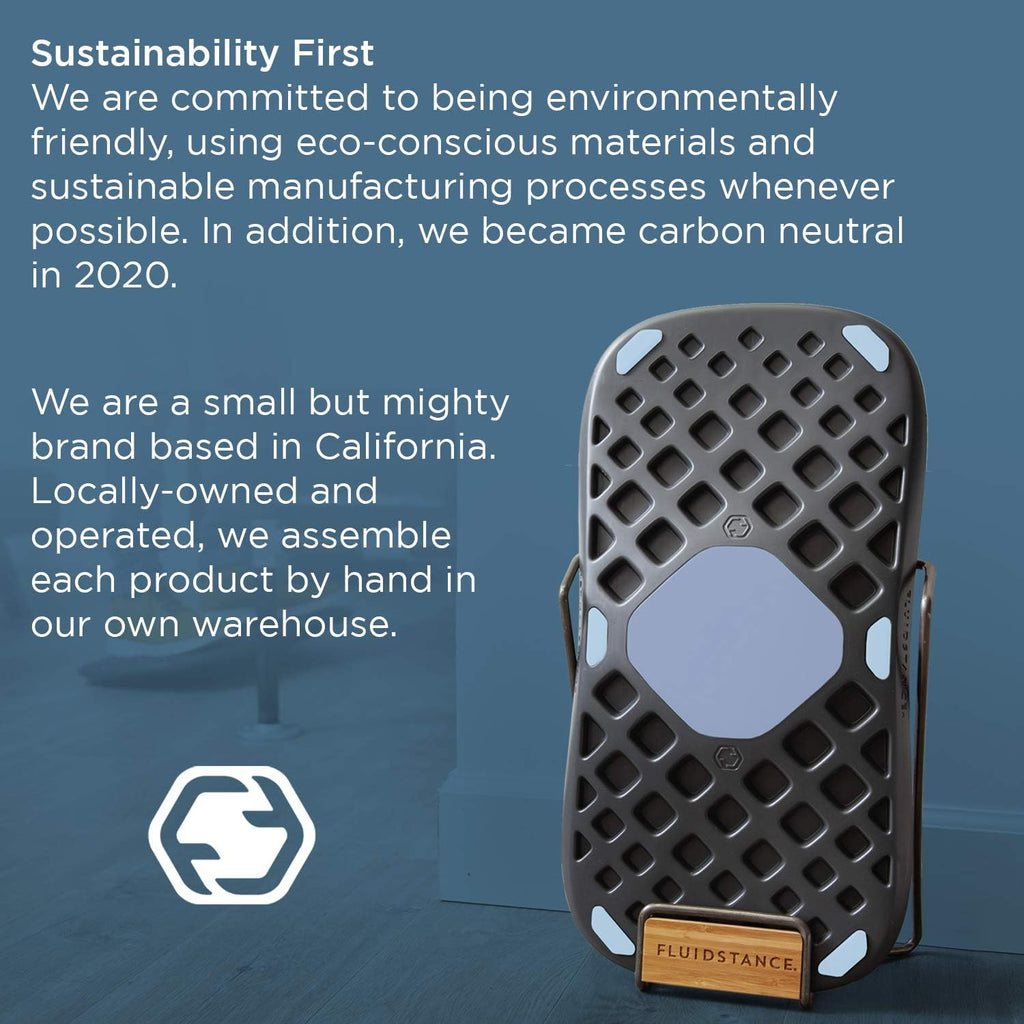 FluidStance balance board standing upright, with text describing the brand's sustainability practices and California-based assembly