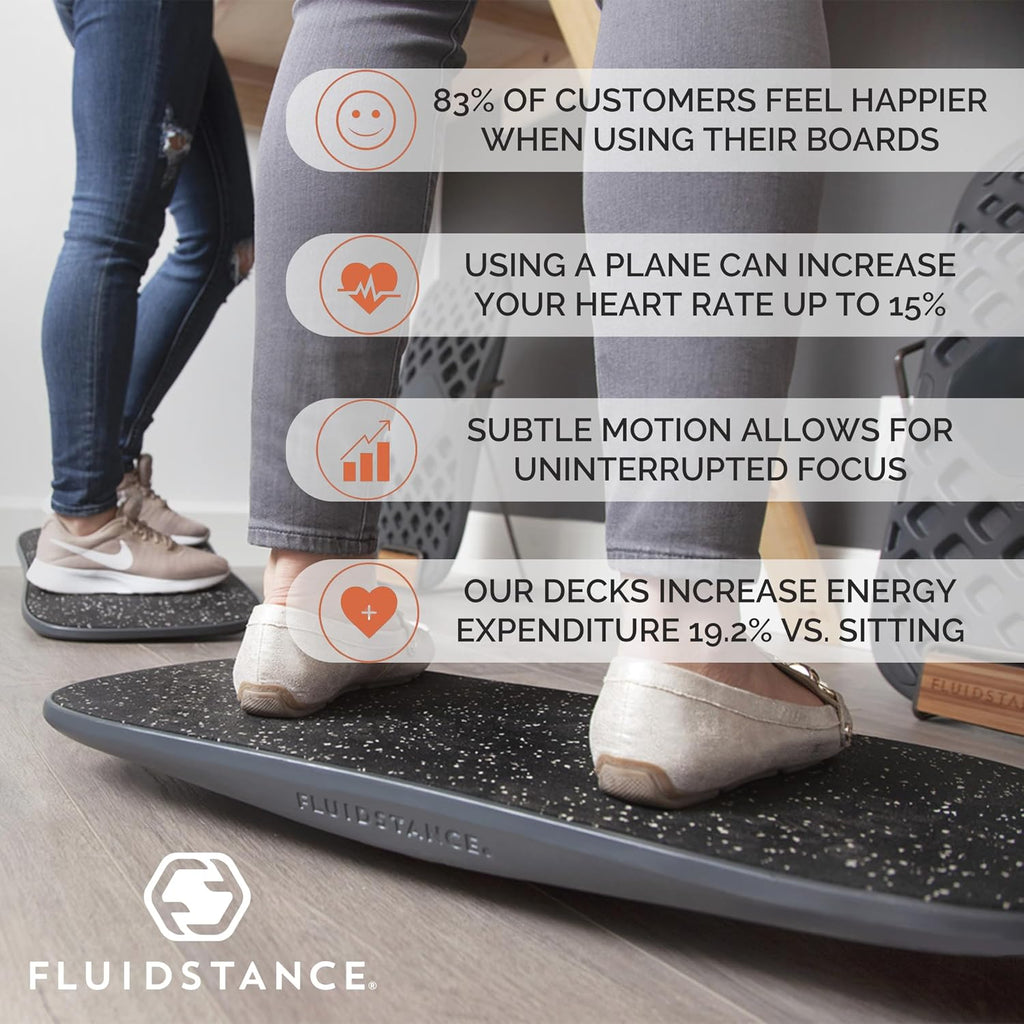 Two people standing on FluidStance balance boards at a desk, with stats on mood, heart rate, focus, and energy expenditure