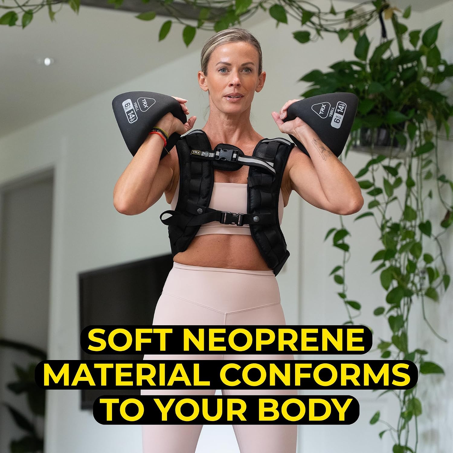 Woman lifting weight pods out of a TRX HexGrip weighted vest, text reads Soft neoprene material conforms to your body