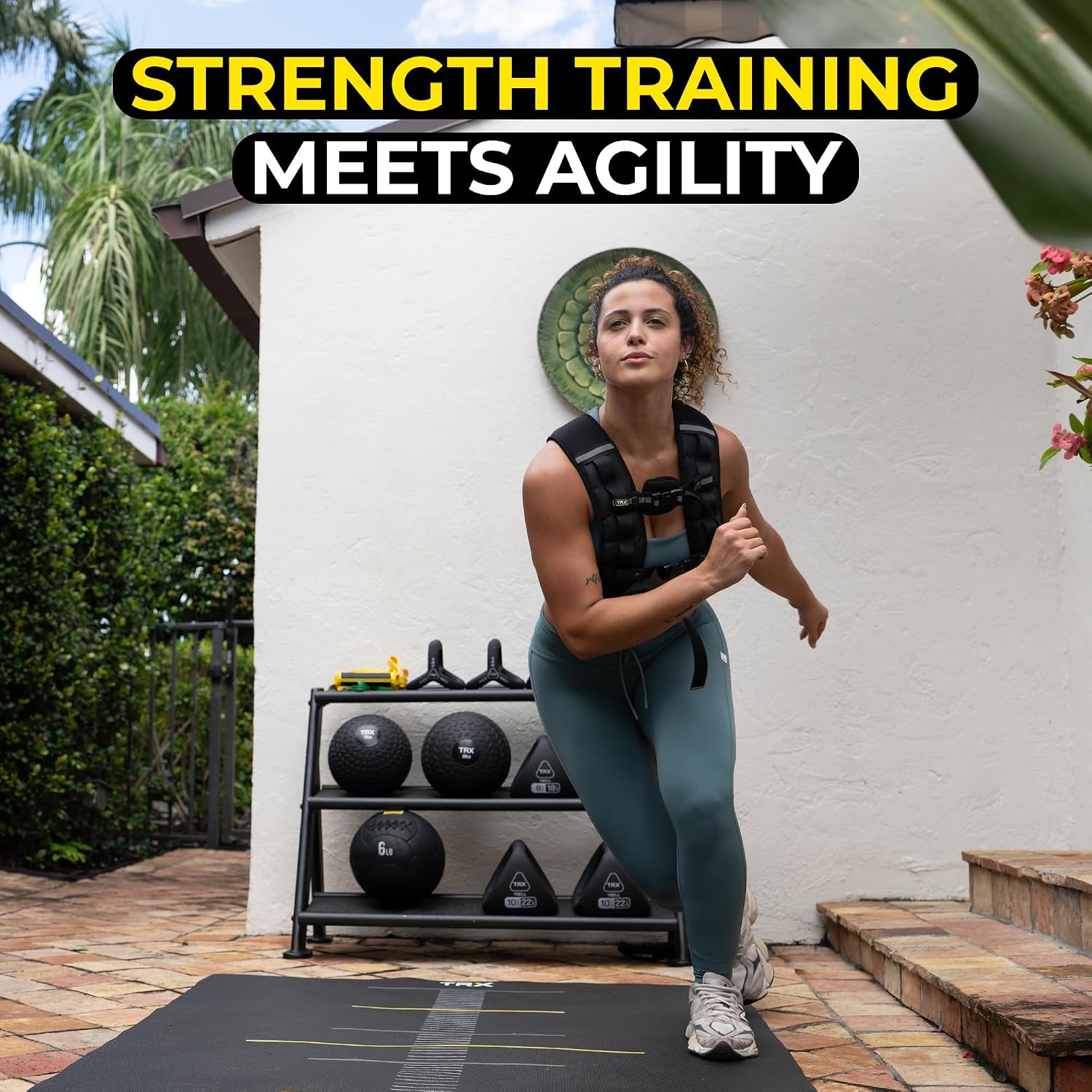 Woman doing a lunge while wearing a TRX HexGrip weighted vest outdoors, text reads Strength training meets agility
