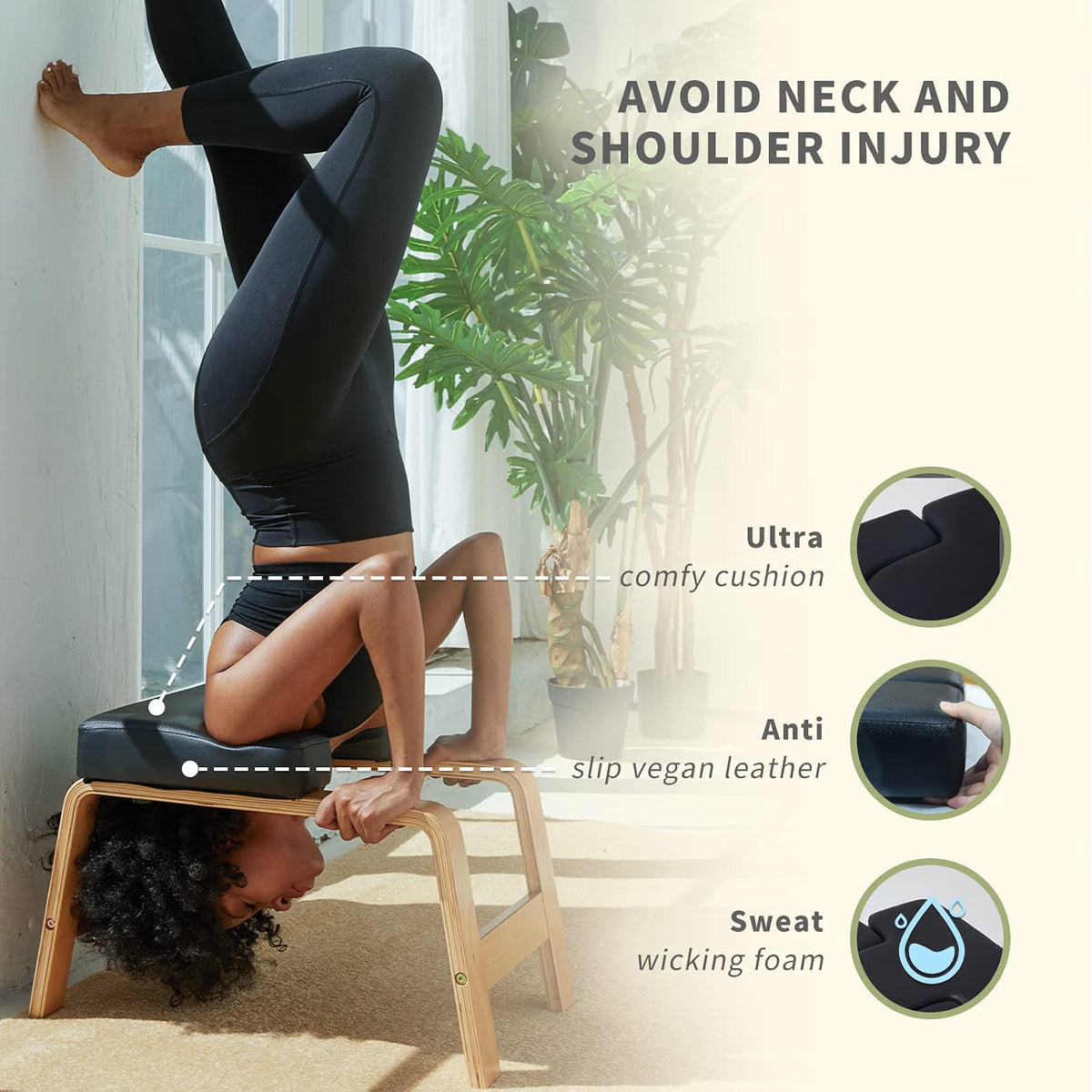 Person inverting on a Restrial Life wooden headstand bench with weight on the shoulders to protect the neck