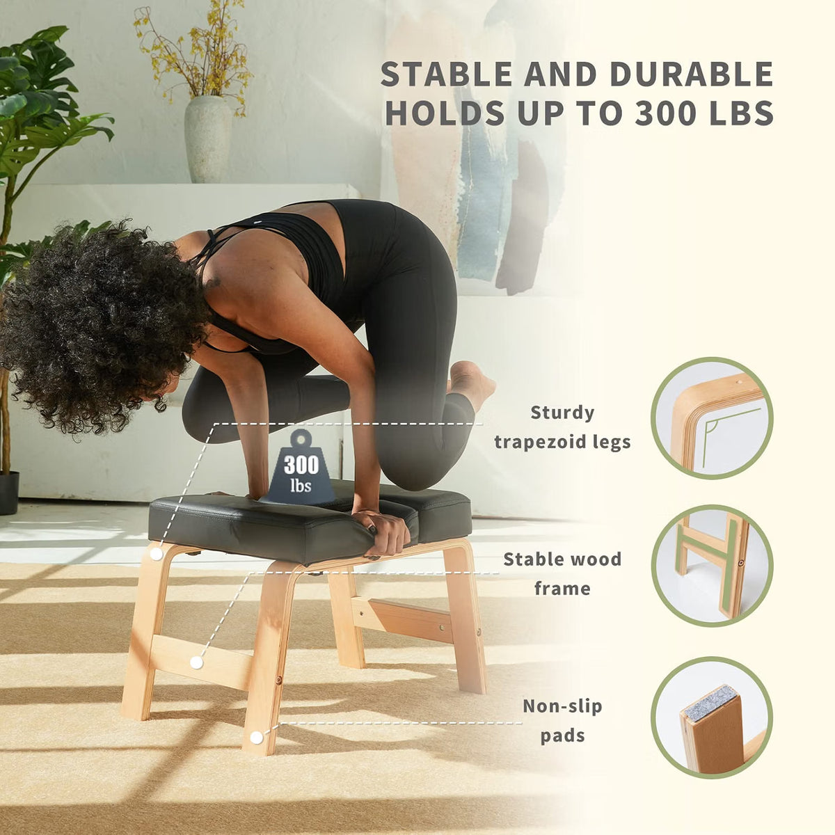 Restrial Life headstand bench shown as a stable, durable wood build holding up to 300 pounds