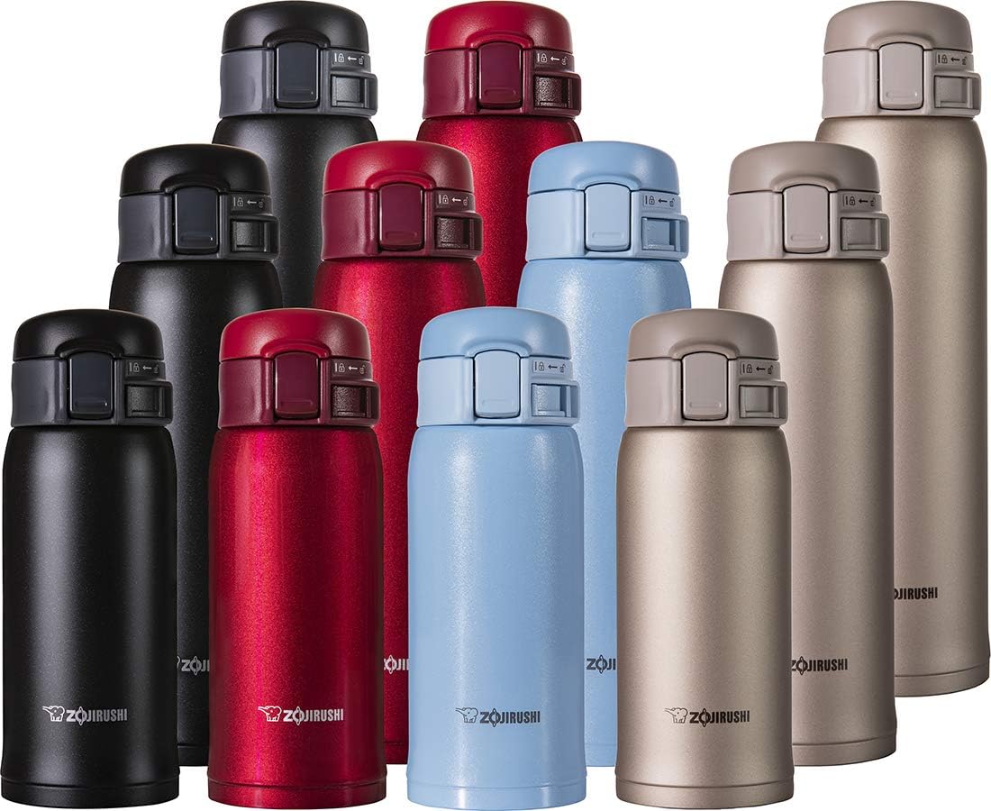 Zojirushi Stainless Steel Travel Mug shown in five color options, including black, red, light blue, and stainless
