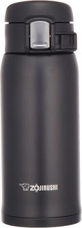 Zojirushi Stainless Steel Travel Mug in matte black, standing upright with the flip lid closed