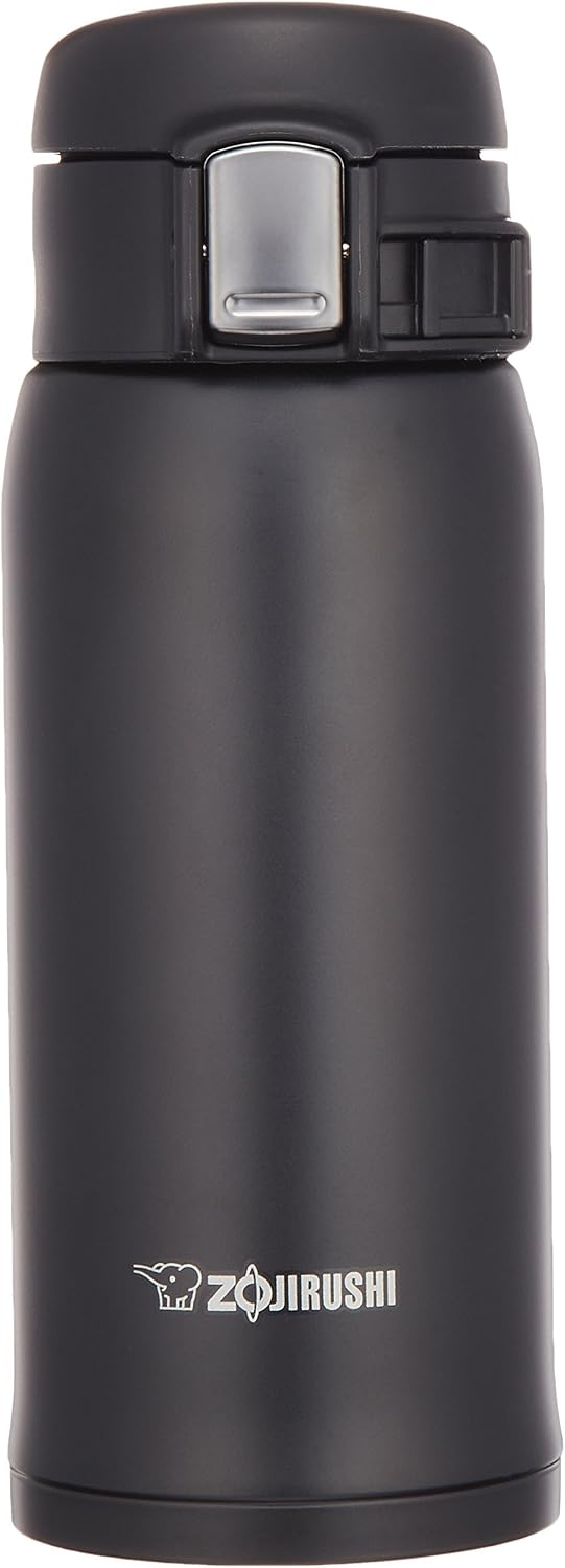 Zojirushi Stainless Steel Travel Mug in matte black, standing upright with the flip lid closed