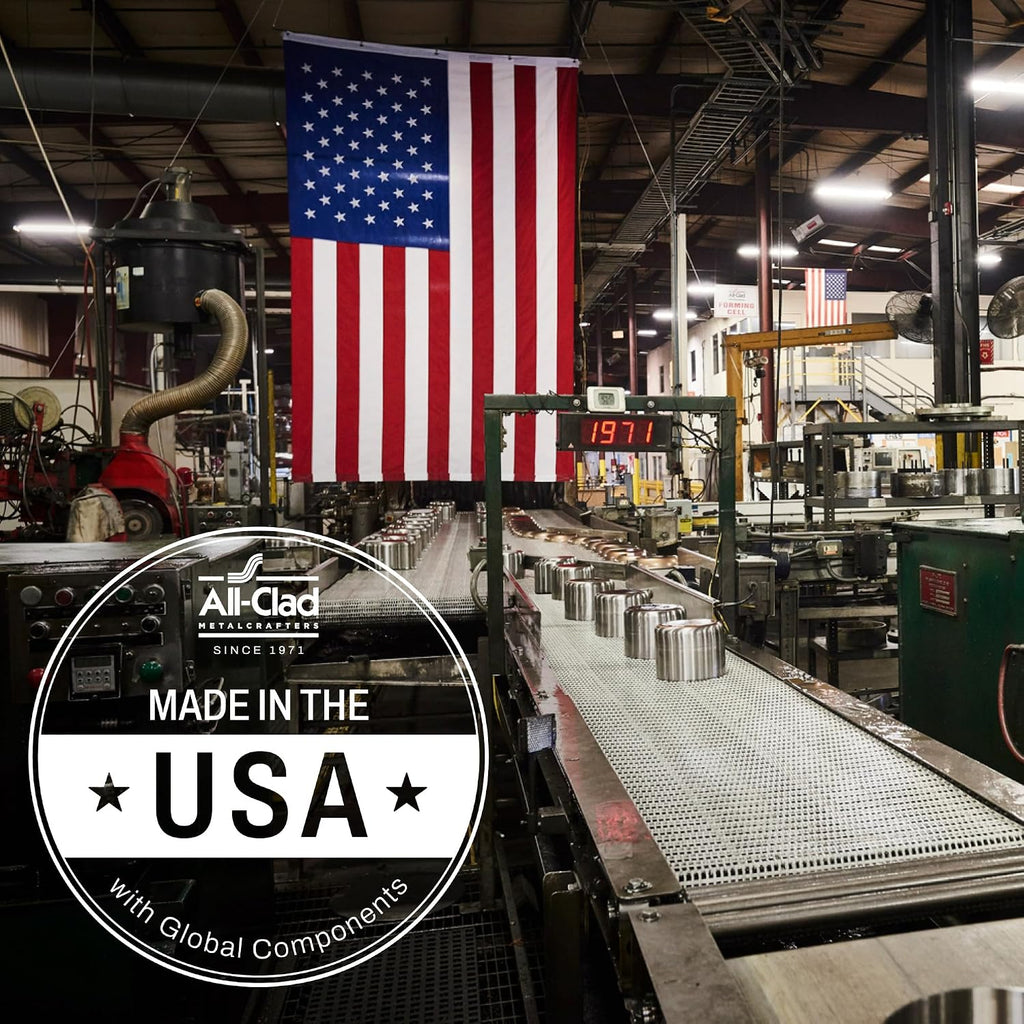 Made in USA badge over a photo of the All-Clad factory floor with an American flag