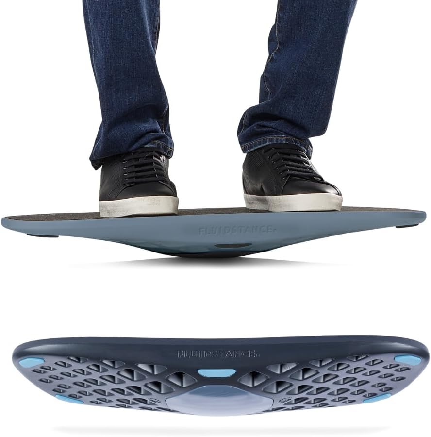 FluidStance Plane Balance Board in Vapor, shown with a person balancing on top and from below