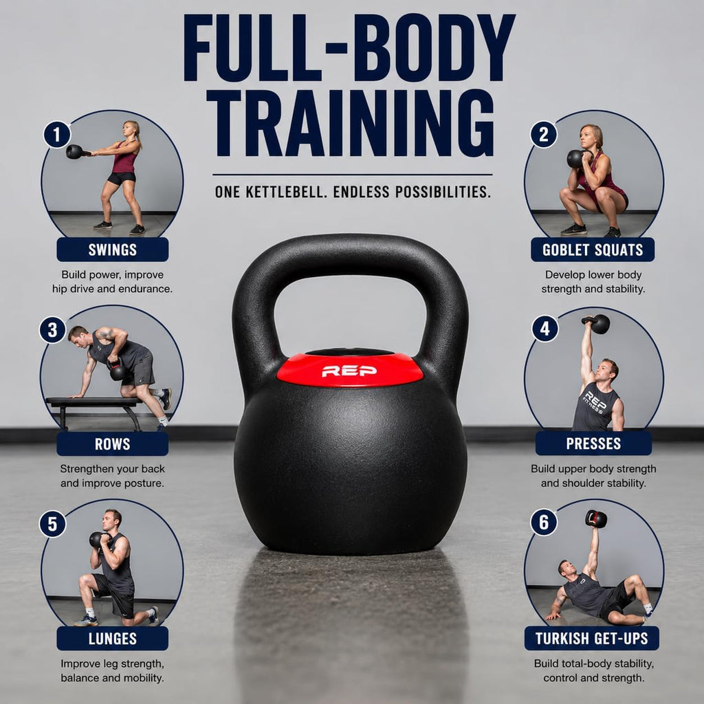 Six panel full-body training graphic showing swings, goblet squats, rows, presses, lunges, and Turkish get-ups around a REP adjustable kettlebell, text reads One kettlebell, endless possibilities
