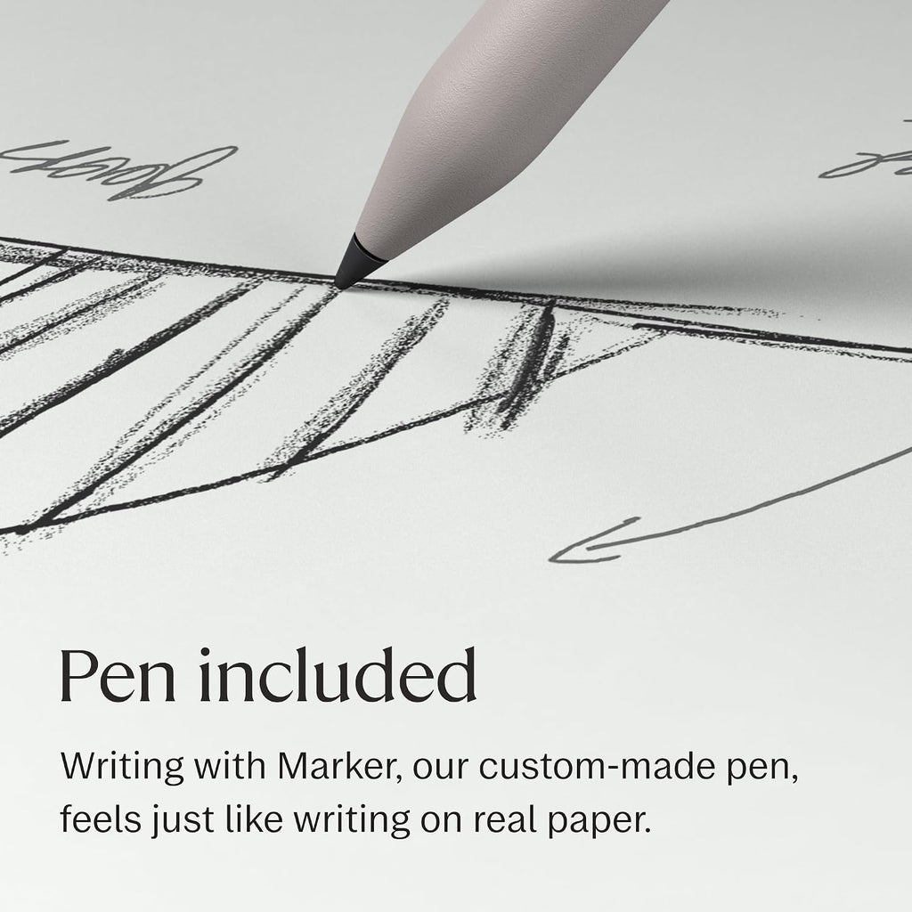 Close-up of the reMarkable Marker pen tip drawing shaded lines on the Paper Pure tablet screen, text reads Pen included, writing with Marker, our custom-made pen, feels just like writing on real paper