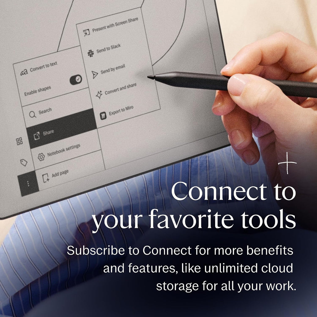 Close-up of the reMarkable Marker pen tip drawing shaded lines on the Paper Pure tablet screen, text reads Pen included, writing with Marker, our custom-made pen, feels just like writing on real paper