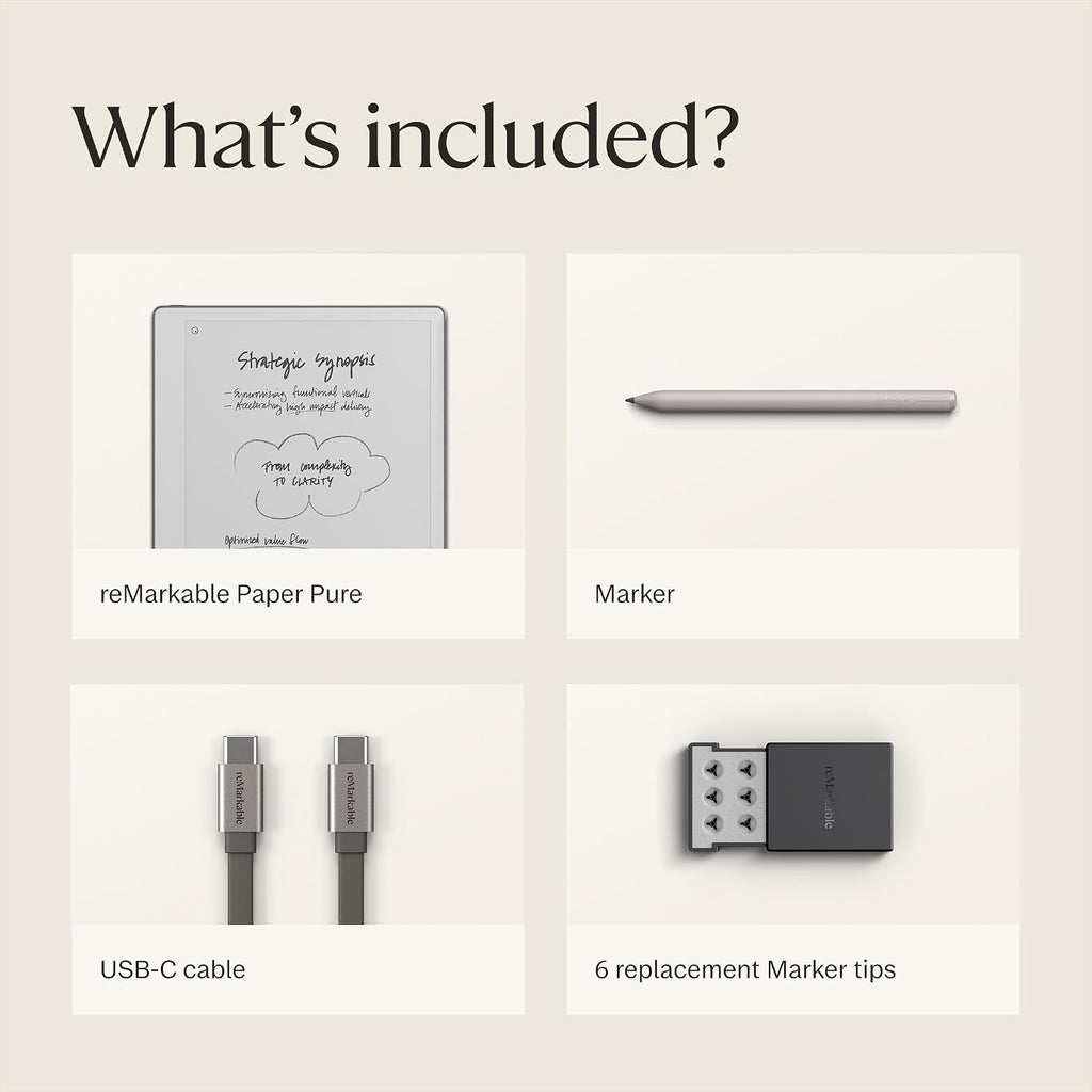 What's included graphic showing the reMarkable Paper Pure tablet, Marker pen, USB-C cable, and 6 replacement Marker tips laid out in a grid